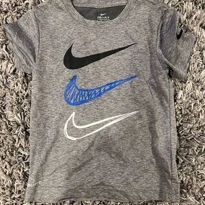 Nike Kids Gray Tee with Black, Blue, and White Swooshes